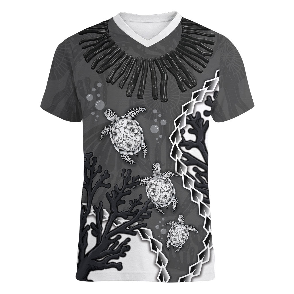 Personalized Black Coral Hawaii Women V-Neck T-Shirt Ekaha Ku Moana Honu Sea Turtle