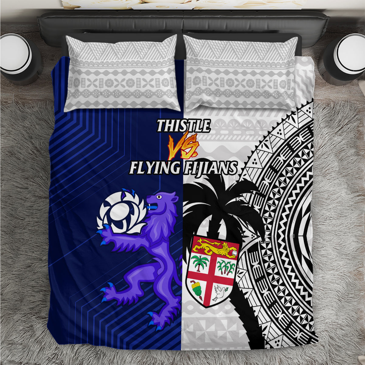 Fiji And Scotland Rugby Bedding Set Fijian Tapa Pattern With Thistle LT14 Blue - Polynesian Pride