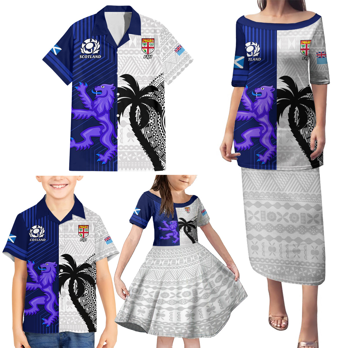 Fiji And Scotland Rugby Family Matching Puletasi Dress and Hawaiian Shirt Fijian Tapa Pattern With Thistle LT14 - Polynesian Pride