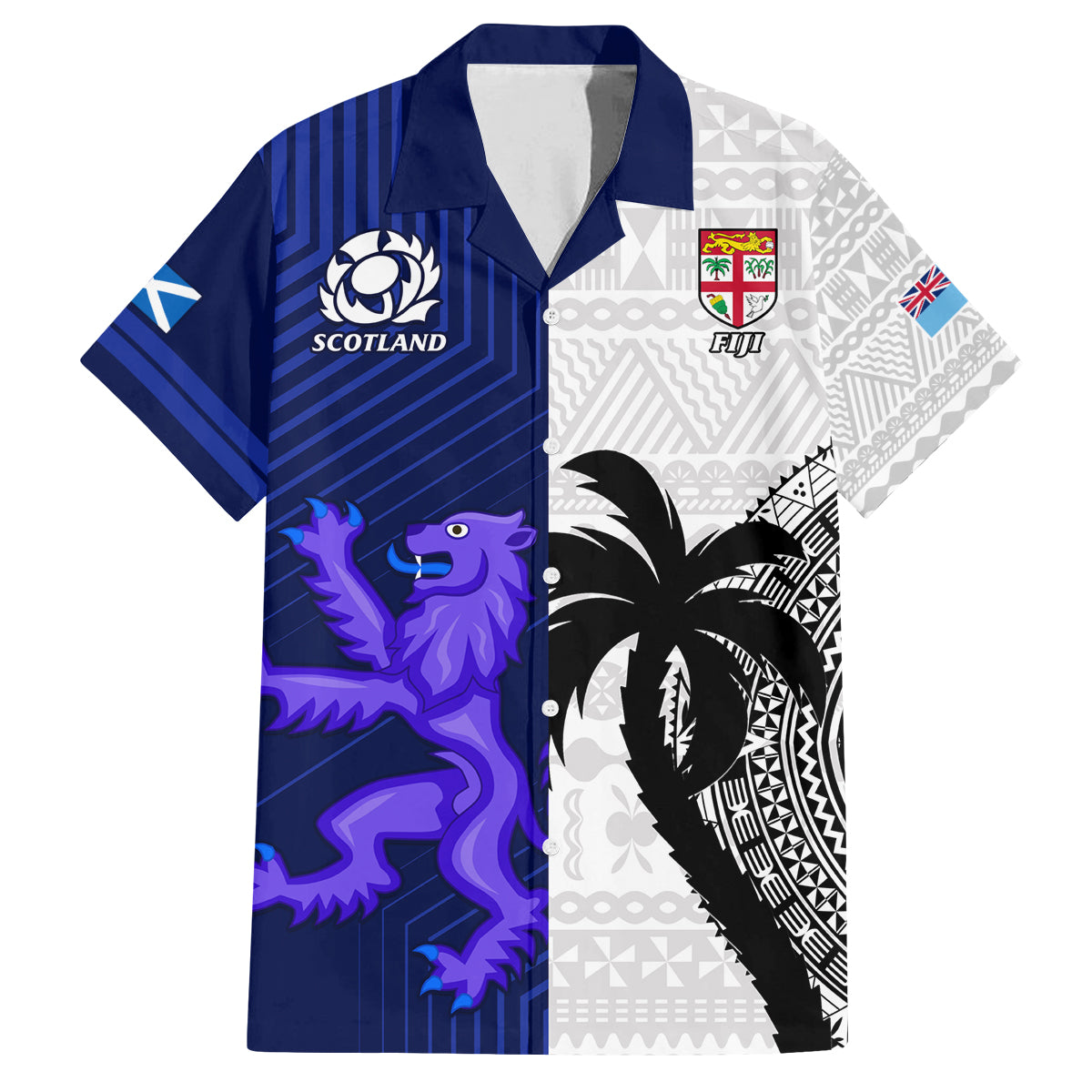 Fiji And Scotland Rugby Family Matching Puletasi Dress and Hawaiian Shirt Fijian Tapa Pattern With Thistle LT14 Dad's Shirt - Short Sleeve Blue - Polynesian Pride