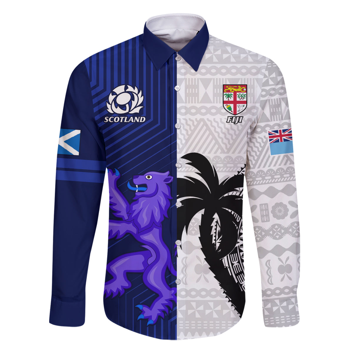 Fiji And Scotland Rugby Family Matching Summer Maxi Dress and Hawaiian Shirt Fijian Tapa Pattern With Thistle LT14 Dad's Shirt - Long Sleeve Blue - Polynesian Pride