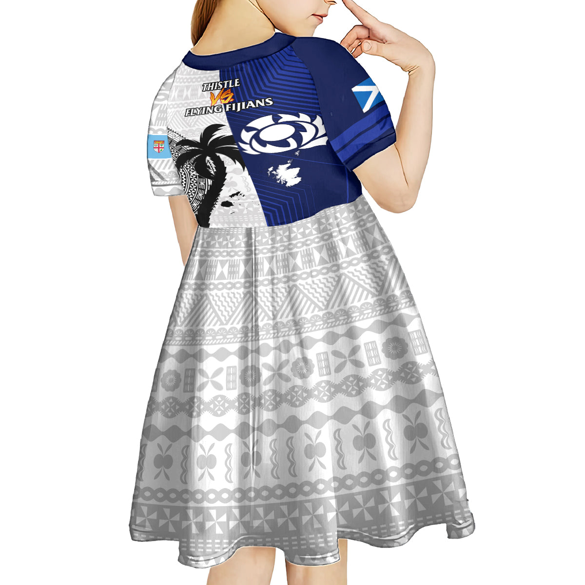 Fiji And Scotland Rugby Kid Short Sleeve Dress Fijian Tapa Pattern With Thistle LT14 - Polynesian Pride