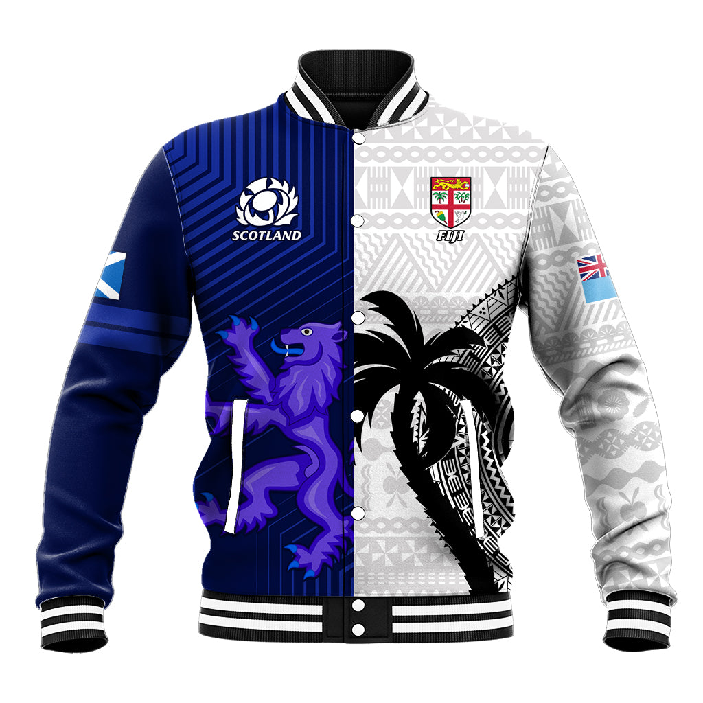 Custom Fiji And Scotland Rugby Baseball Jacket Fijian Tapa Pattern With Thistle LT14 Unisex Blue - Polynesian Pride
