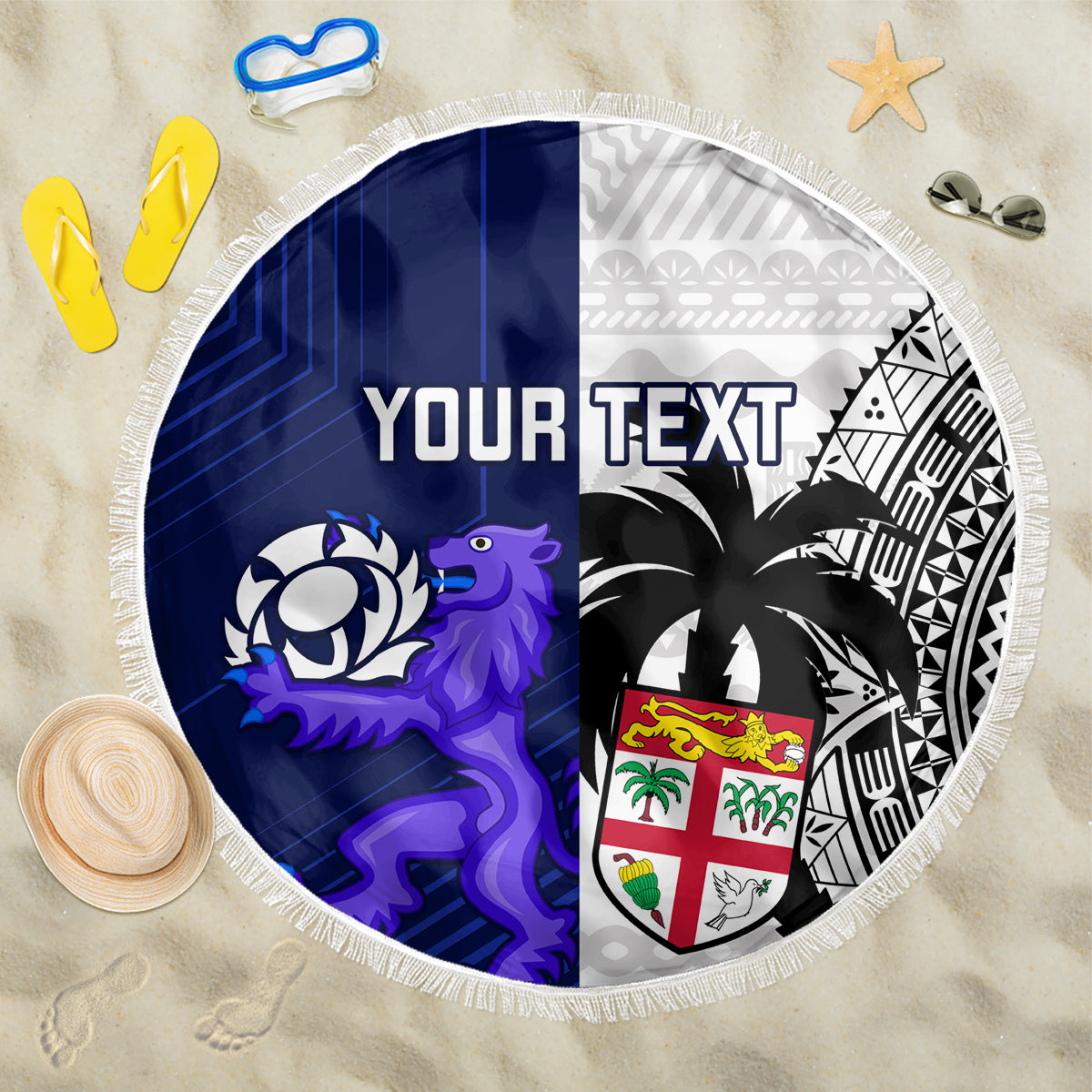 Custom Fiji And Scotland Rugby Beach Blanket Fijian Tapa Pattern With Thistle LT14 One Size 150cm Blue - Wonder Print Shop