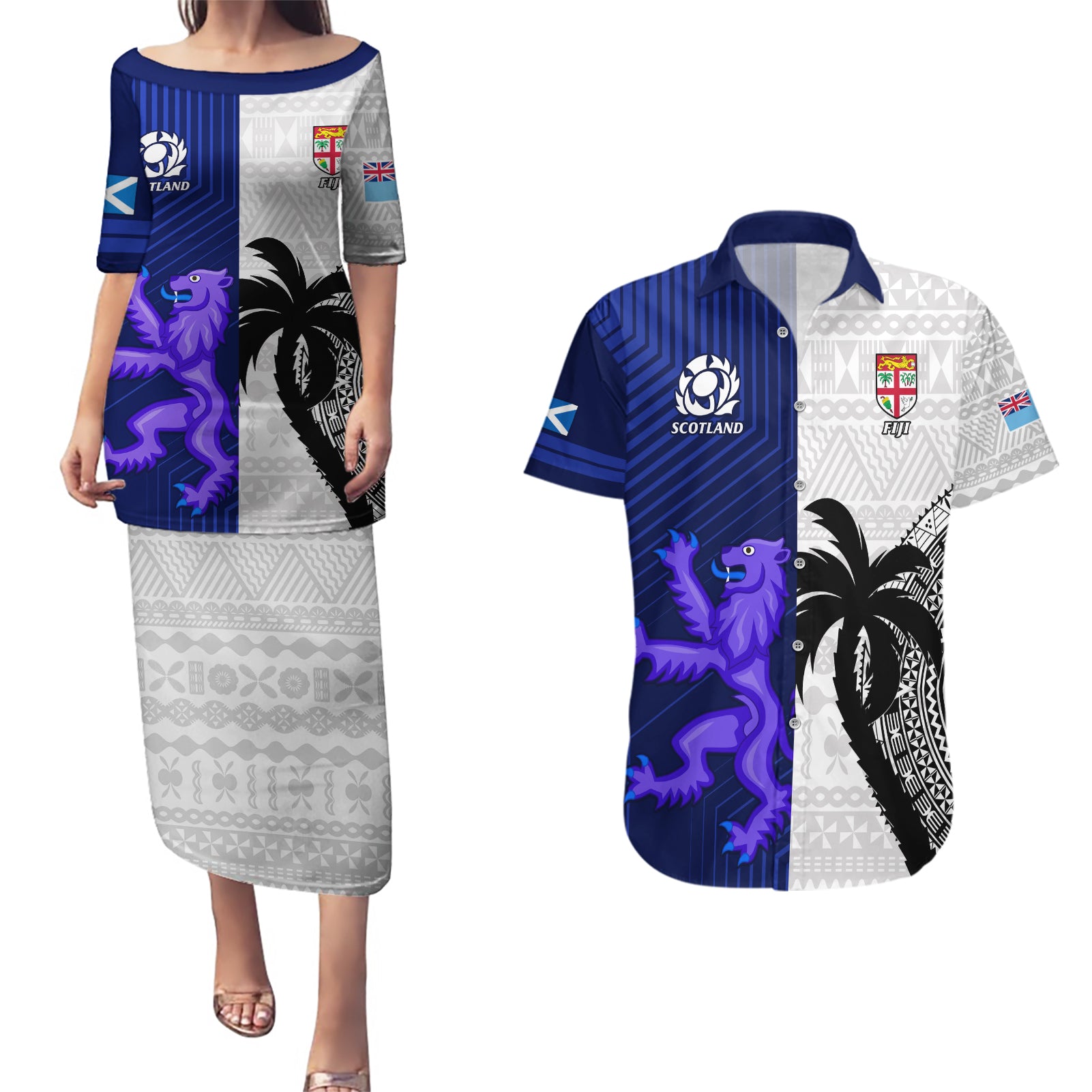 Custom Fiji And Scotland Rugby Couples Matching Puletasi Dress and Hawaiian Shirt Fijian Tapa Pattern With Thistle LT14 Blue - Polynesian Pride