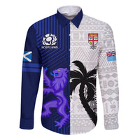 Custom Fiji And Scotland Rugby Family Matching Long Sleeve Bodycon Dress and Hawaiian Shirt Fijian Tapa Pattern With Thistle LT14 Dad's Shirt - Long Sleeve Blue - Polynesian Pride