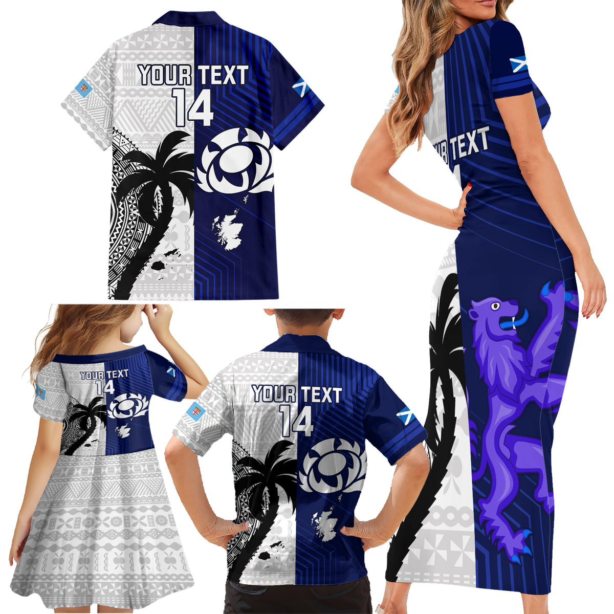 Custom Fiji And Scotland Rugby Family Matching Short Sleeve Bodycon Dress and Hawaiian Shirt Fijian Tapa Pattern With Thistle LT14 - Polynesian Pride