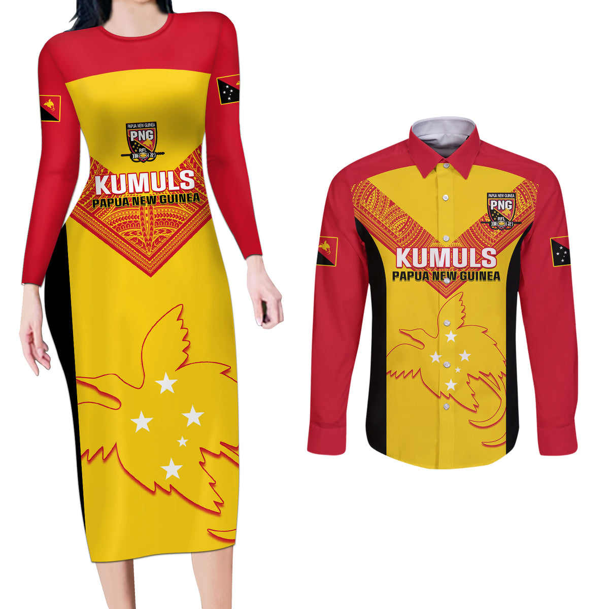 Custom Papua New Guinea Rubgby Couples Matching Long Sleeve Bodycon Dress and Long Sleeve Button Shirts Pacific 2023 Go PNG Kumuls LT14 Yellow - Polynesian Pride