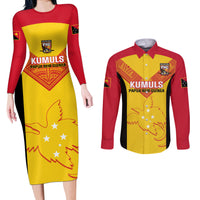 Custom Papua New Guinea Rubgby Couples Matching Long Sleeve Bodycon Dress and Long Sleeve Button Shirts Pacific 2023 Go PNG Kumuls LT14 Yellow - Polynesian Pride
