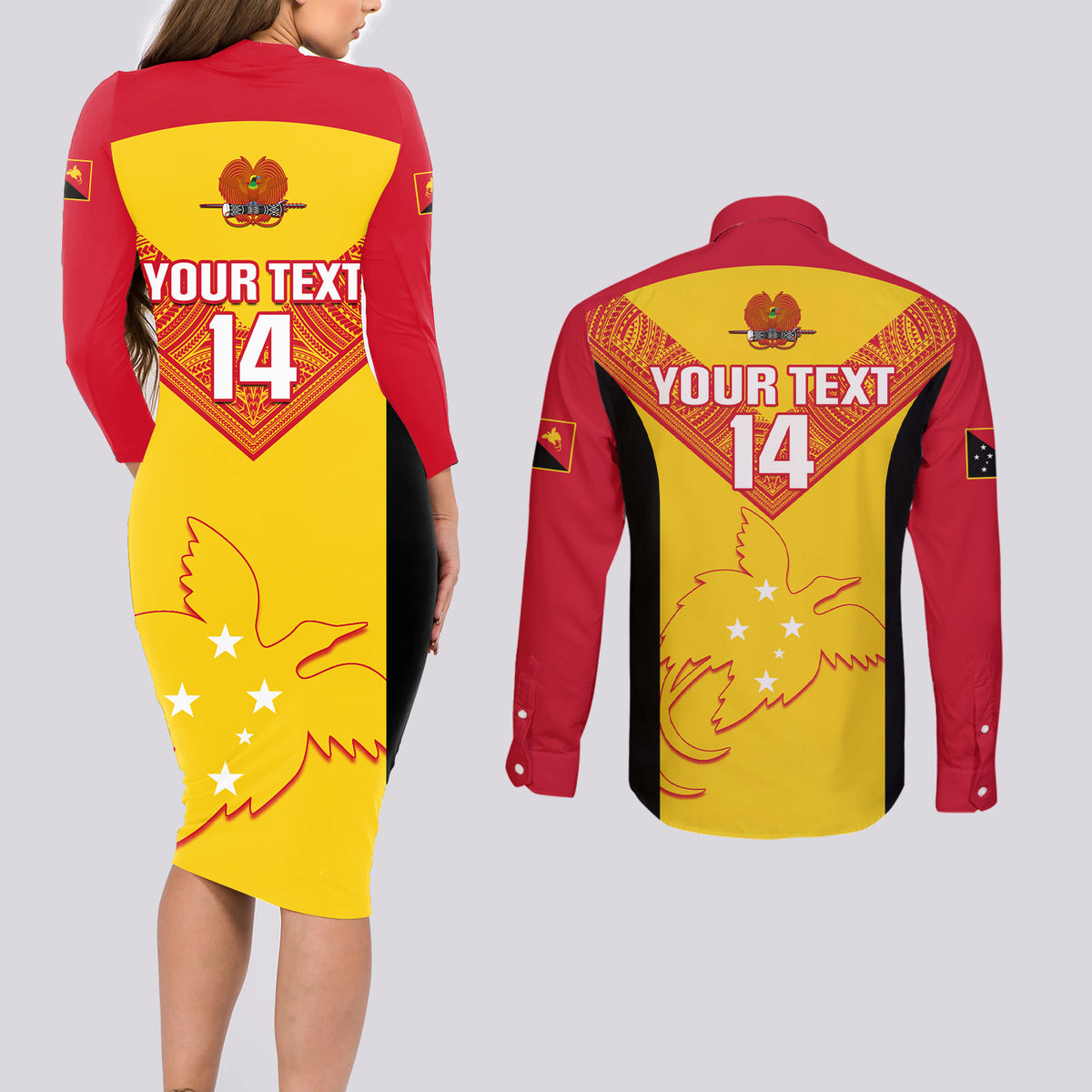 Custom Papua New Guinea Rubgby Couples Matching Long Sleeve Bodycon Dress and Long Sleeve Button Shirts Pacific 2023 Go PNG Kumuls LT14 - Polynesian Pride