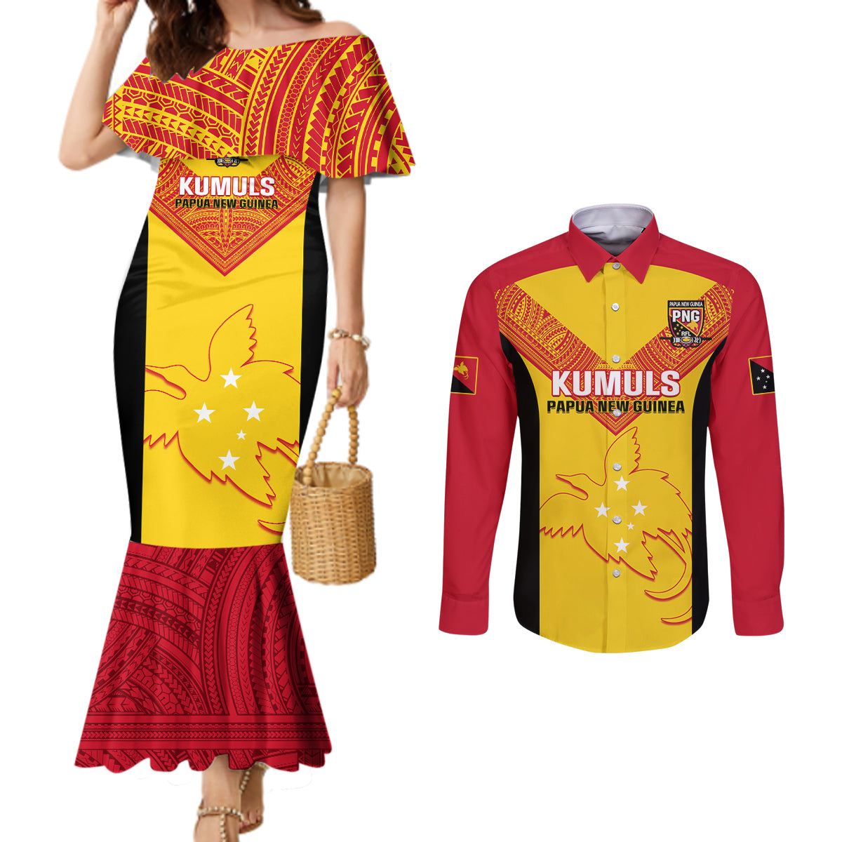 Custom Papua New Guinea Rubgby Couples Matching Mermaid Dress and Long Sleeve Button Shirts Pacific 2023 Go PNG Kumuls LT14 Yellow - Polynesian Pride