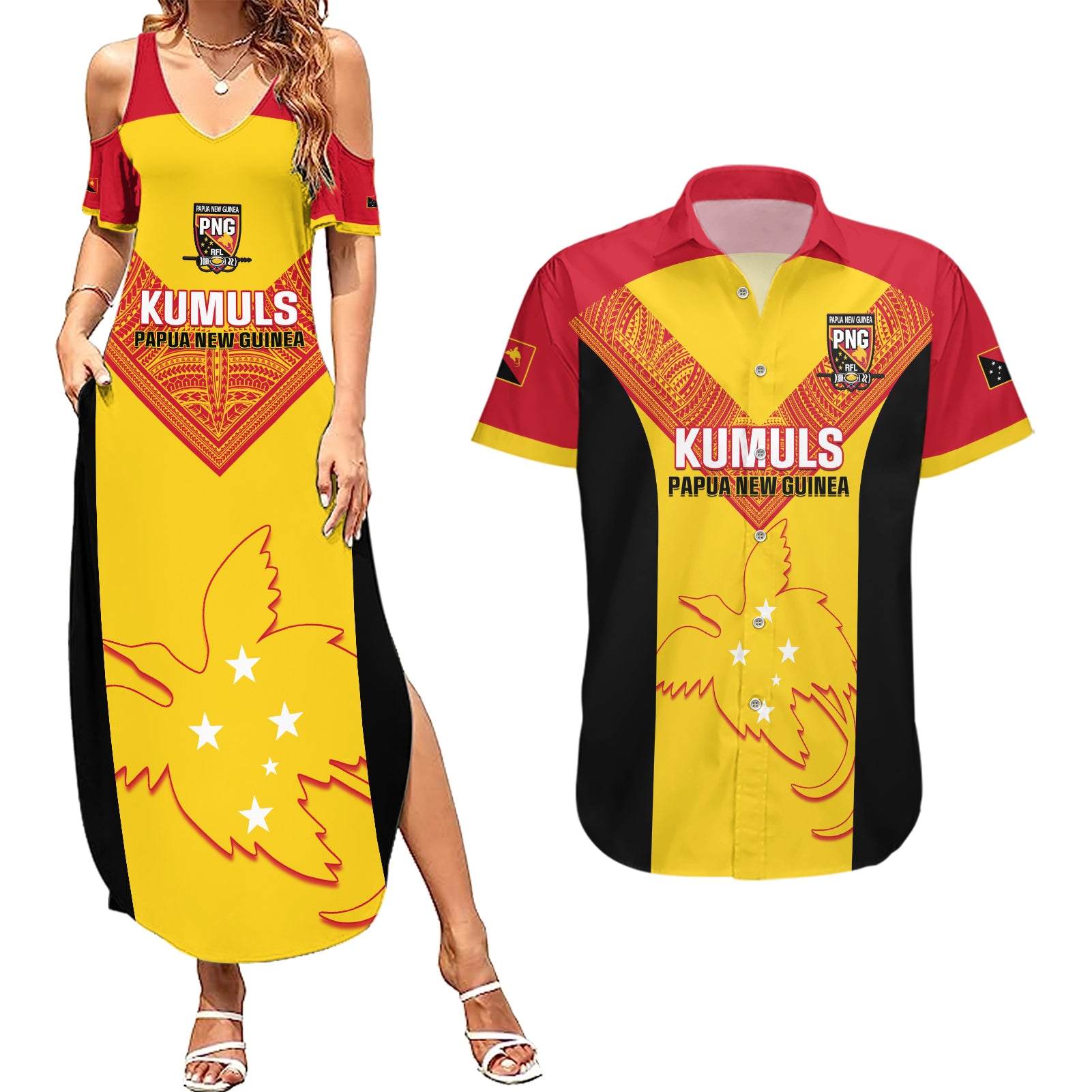 Custom Papua New Guinea Rubgby Couples Matching Summer Maxi Dress and Hawaiian Shirt Pacific 2023 Go PNG Kumuls LT14 Yellow - Polynesian Pride