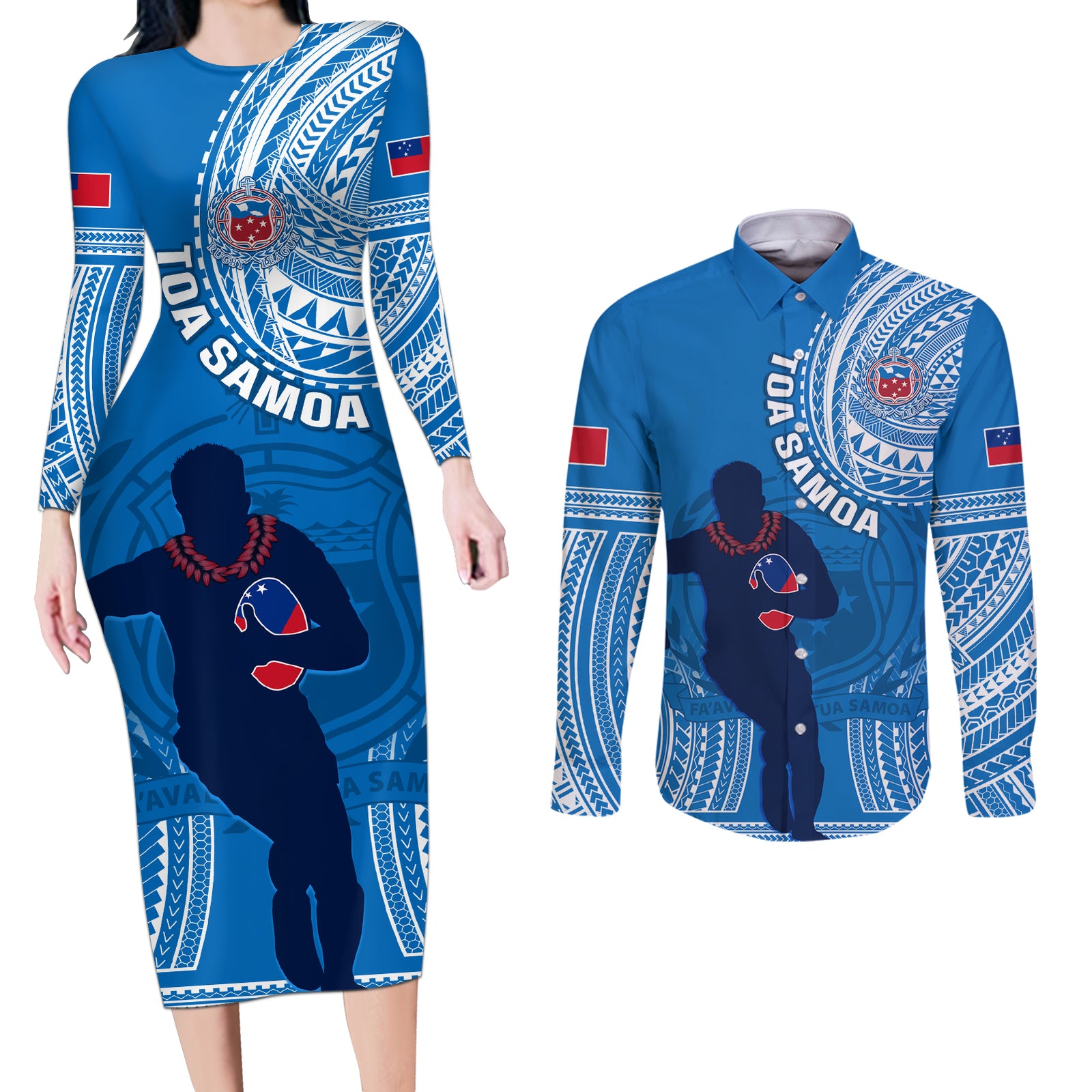 Custom Samoa Rugby Couples Matching Long Sleeve Bodycon Dress and Long Sleeve Button Shirts Pacific 2023 Go Toa Samoa LT14 Blue - Polynesian Pride