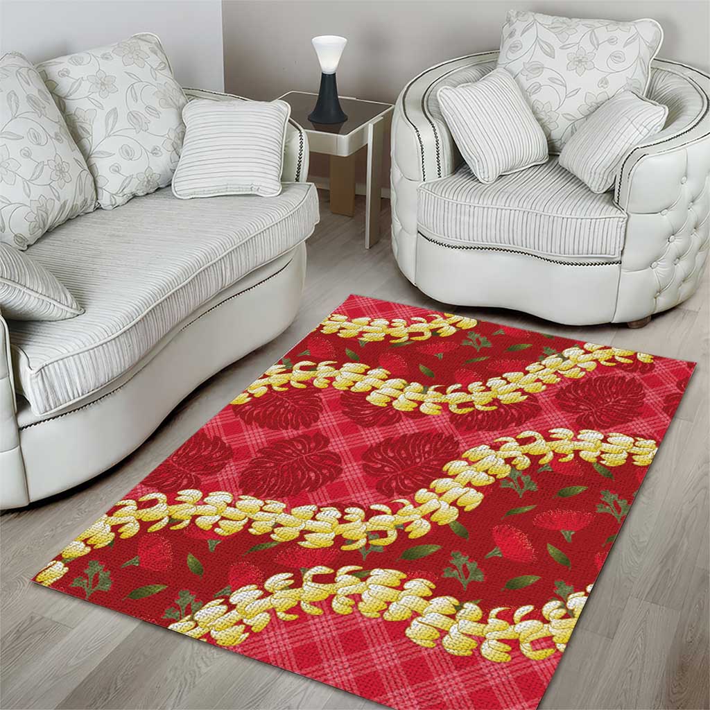 Red Palaka Hawaii Mele Kalikimaka Area Rug Ohia Lehua Monstera Puakenikeni Lei - Polynesian Pride