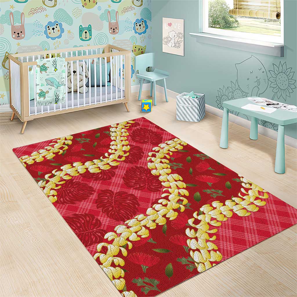 Red Palaka Hawaii Mele Kalikimaka Area Rug Ohia Lehua Monstera Puakenikeni Lei - Polynesian Pride