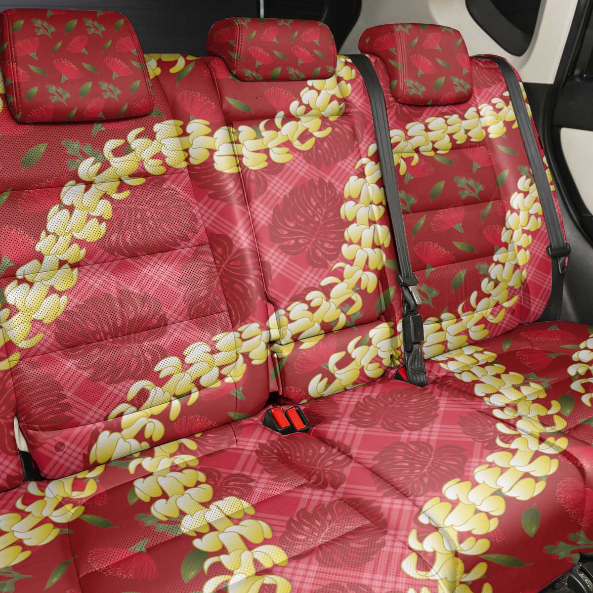 Red Palaka Hawaii Mele Kalikimaka Back Car Seat Cover Ohia Lehua Monstera Puakenikeni Lei - Polynesian Pride