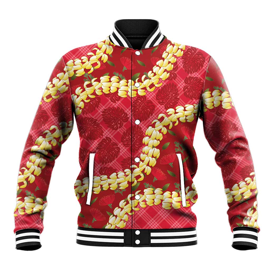 Red Palaka Hawaii Mele Kalikimaka Baseball Jacket Ohia Lehua Monstera Puakenikeni Lei - Polynesian Pride