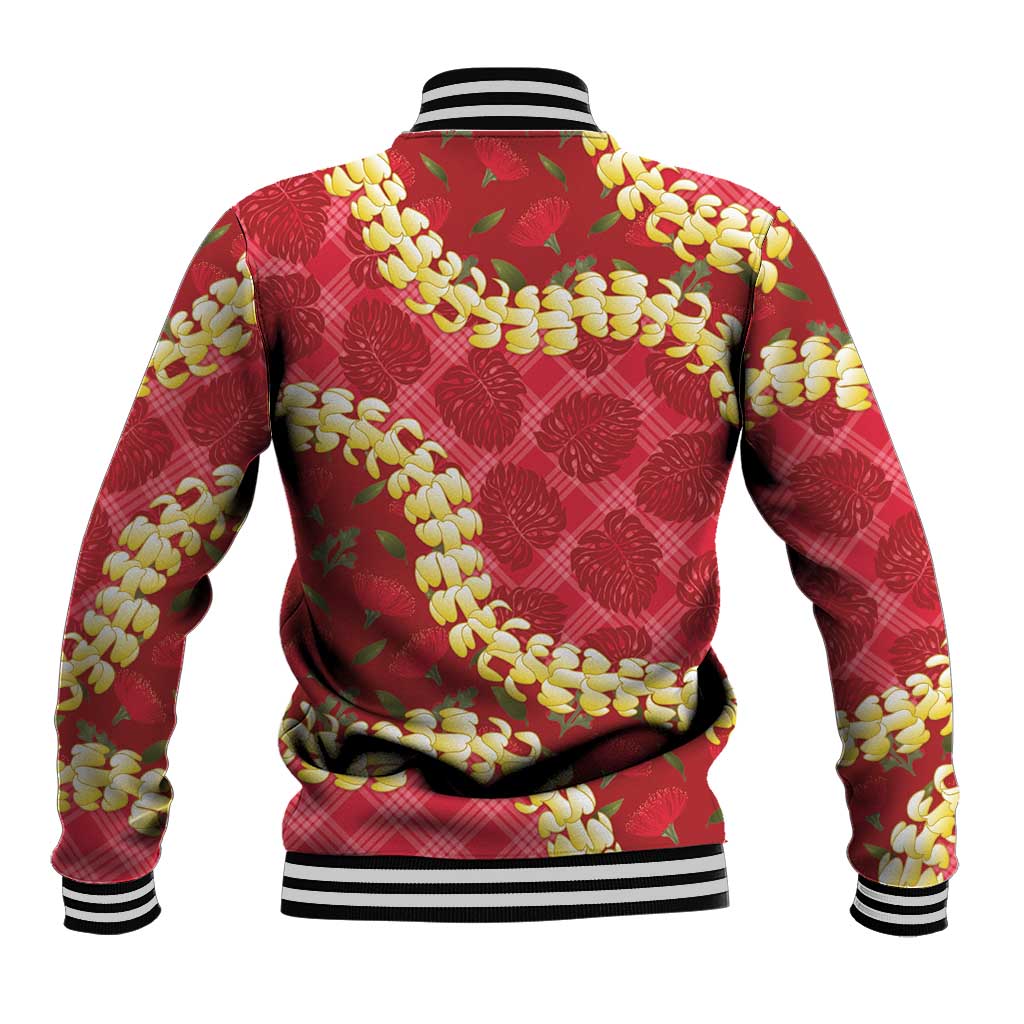 Red Palaka Hawaii Mele Kalikimaka Baseball Jacket Ohia Lehua Monstera Puakenikeni Lei - Polynesian Pride