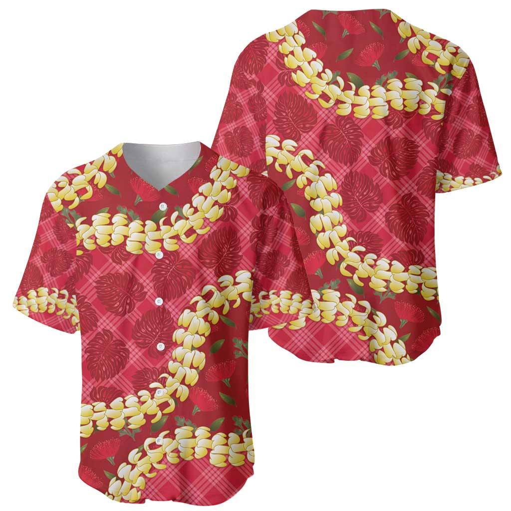 Red Palaka Hawaii Mele Kalikimaka Baseball Jersey Ohia Lehua Monstera Puakenikeni Lei - Polynesian Pride