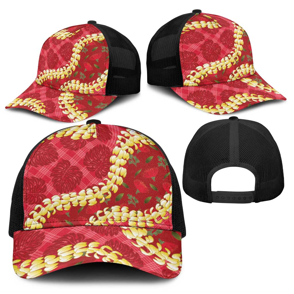 Red Palaka Hawaii Mele Kalikimaka Baseball Net Cap Ohia Lehua Monstera Puakenikeni Lei - Polynesian Pride