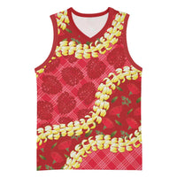 Red Palaka Hawaii Mele Kalikimaka Basketball Jersey Ohia Lehua Monstera Puakenikeni Lei - Polynesian Pride