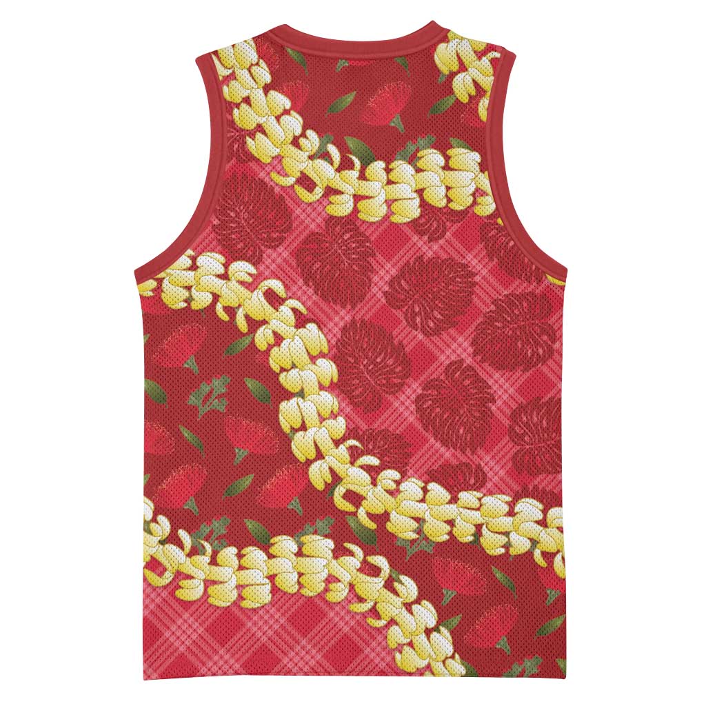 Red Palaka Hawaii Mele Kalikimaka Basketball Jersey Ohia Lehua Monstera Puakenikeni Lei - Polynesian Pride