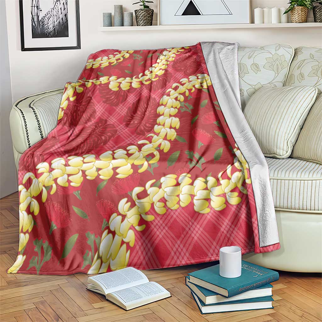 Red Palaka Hawaii Mele Kalikimaka Blanket Ohia Lehua Monstera Puakenikeni Lei - Polynesian Pride