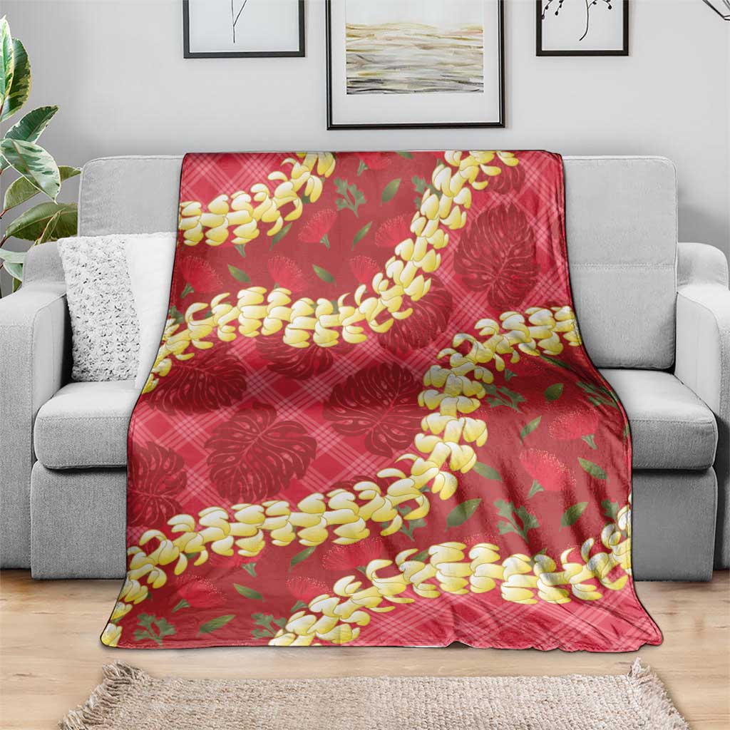 Red Palaka Hawaii Mele Kalikimaka Blanket Ohia Lehua Monstera Puakenikeni Lei - Polynesian Pride
