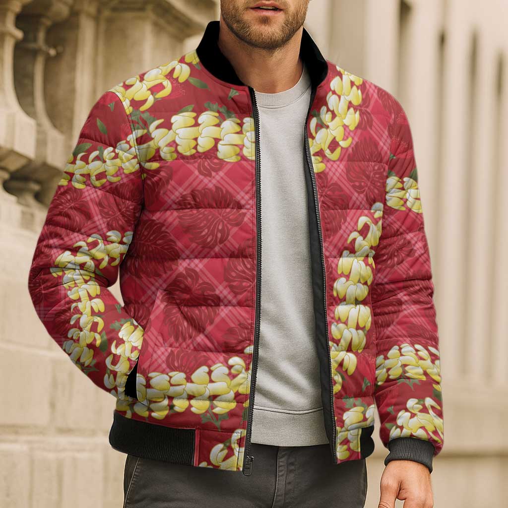 Red Palaka Hawaii Mele Kalikimaka Bomber Puffer Jacket Ohia Lehua Monstera Puakenikeni Lei - Polynesian Pride
