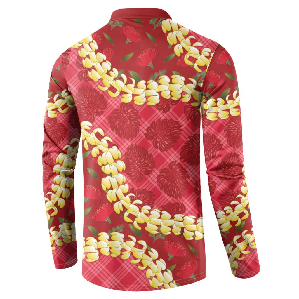 Red Palaka Hawaii Mele Kalikimaka Button Sweatshirt Ohia Lehua Monstera Puakenikeni Lei - Polynesian Pride