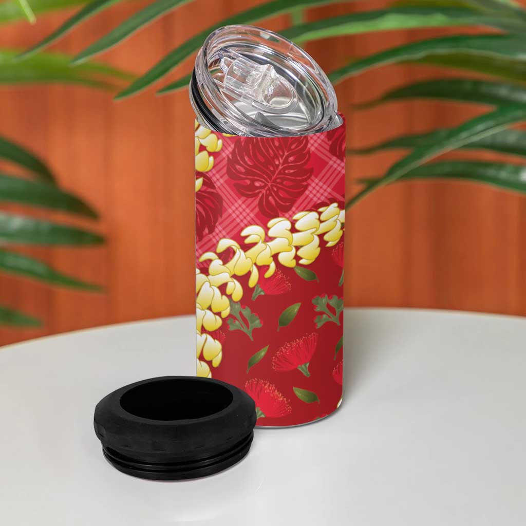Red Palaka Hawaii Mele Kalikimaka 4 in 1 Can Cooler Tumbler Ohia Lehua Monstera Puakenikeni Lei - Polynesian Pride