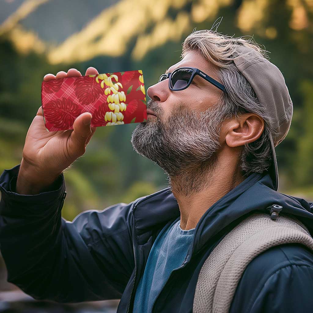 Red Palaka Hawaii Mele Kalikimaka 4 in 1 Can Cooler Tumbler Ohia Lehua Monstera Puakenikeni Lei - Polynesian Pride