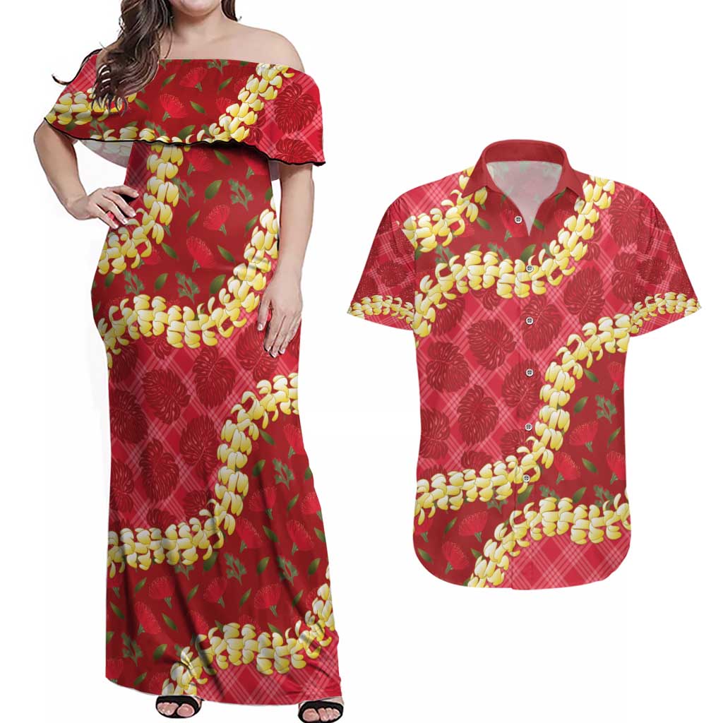 Red Palaka Hawaii Mele Kalikimaka Couples Matching Off Shoulder Maxi Dress and Hawaiian Shirt Ohia Lehua Monstera Puakenikeni Lei - Polynesian Pride