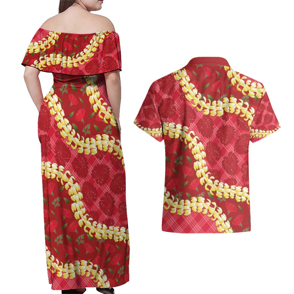 Red Palaka Hawaii Mele Kalikimaka Couples Matching Off Shoulder Maxi Dress and Hawaiian Shirt Ohia Lehua Monstera Puakenikeni Lei - Polynesian Pride