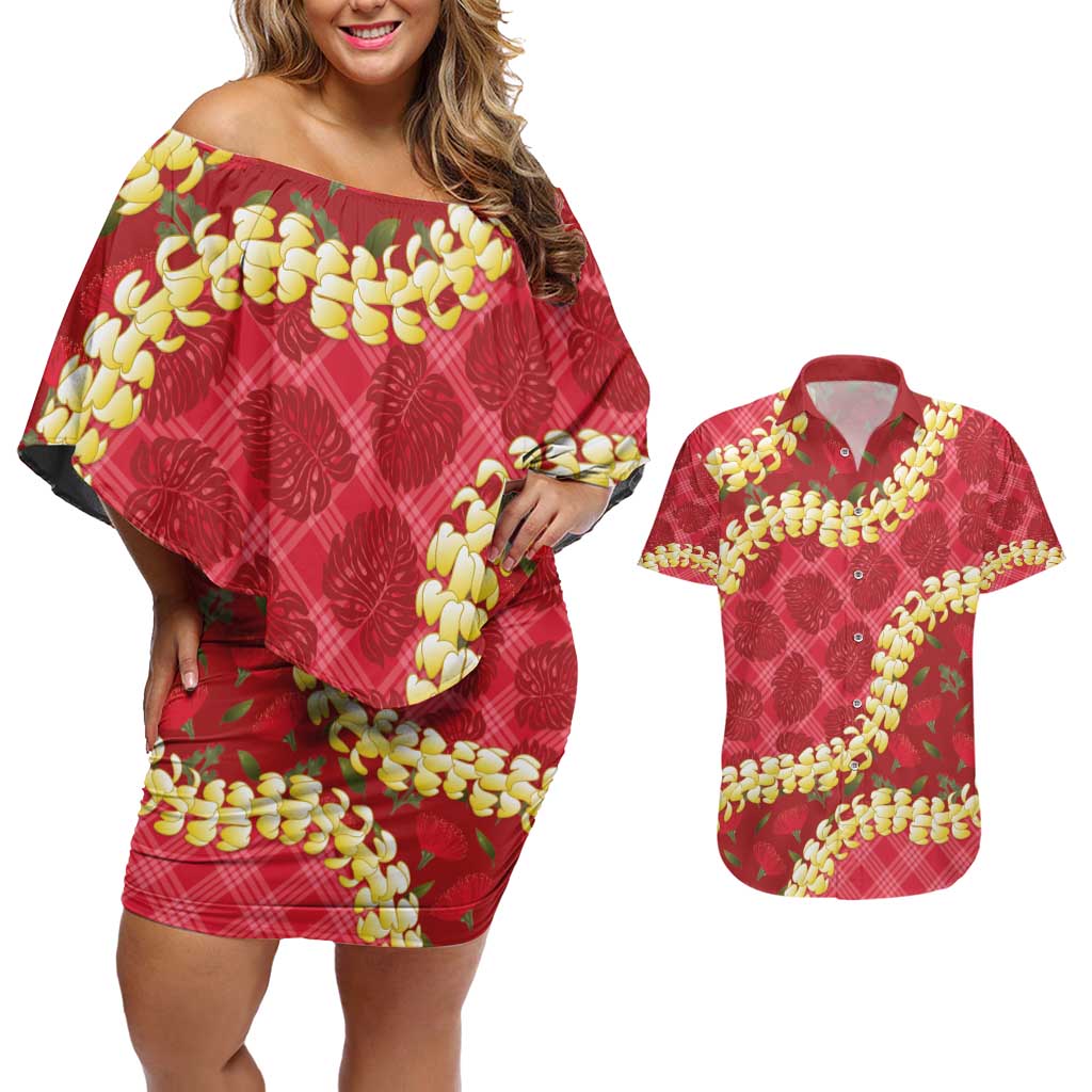 Red Palaka Hawaii Mele Kalikimaka Couples Matching Off Shoulder Short Dress and Hawaiian Shirt Ohia Lehua Monstera Puakenikeni Lei - Polynesian Pride