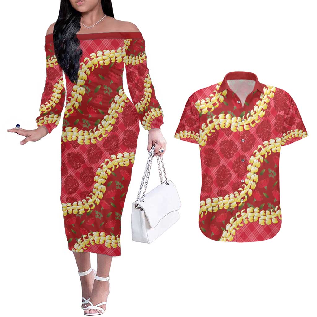 Red Palaka Hawaii Mele Kalikimaka Couples Matching Off The Shoulder Long Sleeve Dress and Hawaiian Shirt Ohia Lehua Monstera Puakenikeni Lei - Polynesian Pride