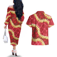 Red Palaka Hawaii Mele Kalikimaka Couples Matching Off The Shoulder Long Sleeve Dress and Hawaiian Shirt Ohia Lehua Monstera Puakenikeni Lei - Polynesian Pride