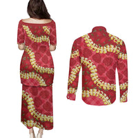 Red Palaka Hawaii Mele Kalikimaka Couples Matching Puletasi and Long Sleeve Button Shirt Ohia Lehua Monstera Puakenikeni Lei - Polynesian Pride