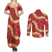 Red Palaka Hawaii Mele Kalikimaka Couples Matching Summer Maxi Dress and Long Sleeve Button Shirt Ohia Lehua Monstera Puakenikeni Lei - Polynesian Pride