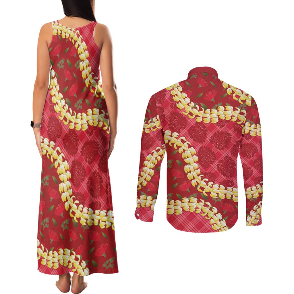 Red Palaka Hawaii Mele Kalikimaka Couples Matching Tank Maxi Dress and Long Sleeve Button Shirt Ohia Lehua Monstera Puakenikeni Lei - Polynesian Pride