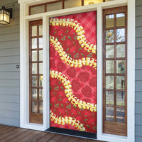 Red Palaka Hawaii Mele Kalikimaka Door Cover Ohia Lehua Monstera Puakenikeni Lei - Polynesian Pride
