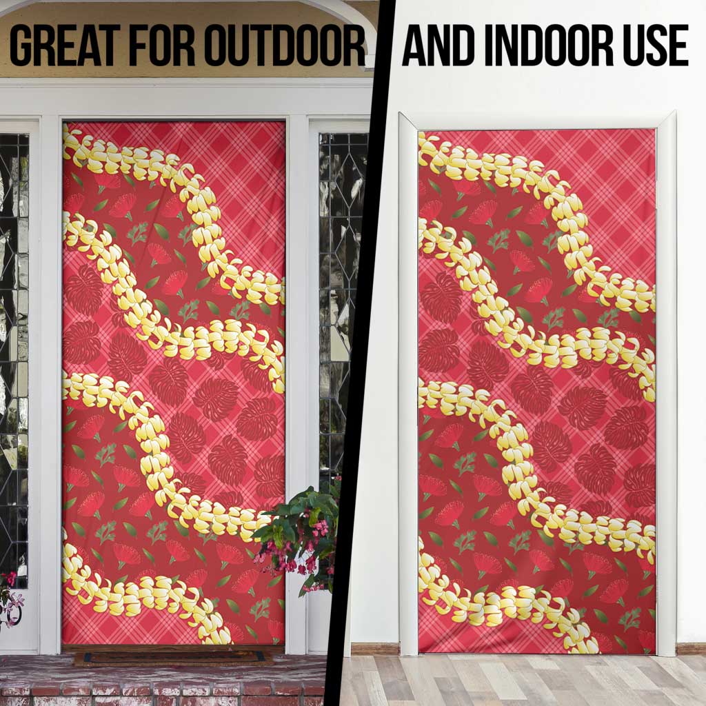 Red Palaka Hawaii Mele Kalikimaka Door Cover Ohia Lehua Monstera Puakenikeni Lei - Polynesian Pride