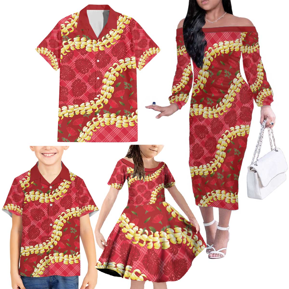 Red Palaka Hawaii Mele Kalikimaka Family Matching Off The Shoulder Long Sleeve Dress and Hawaiian Shirt Ohia Lehua Monstera Puakenikeni Lei - Polynesian Pride