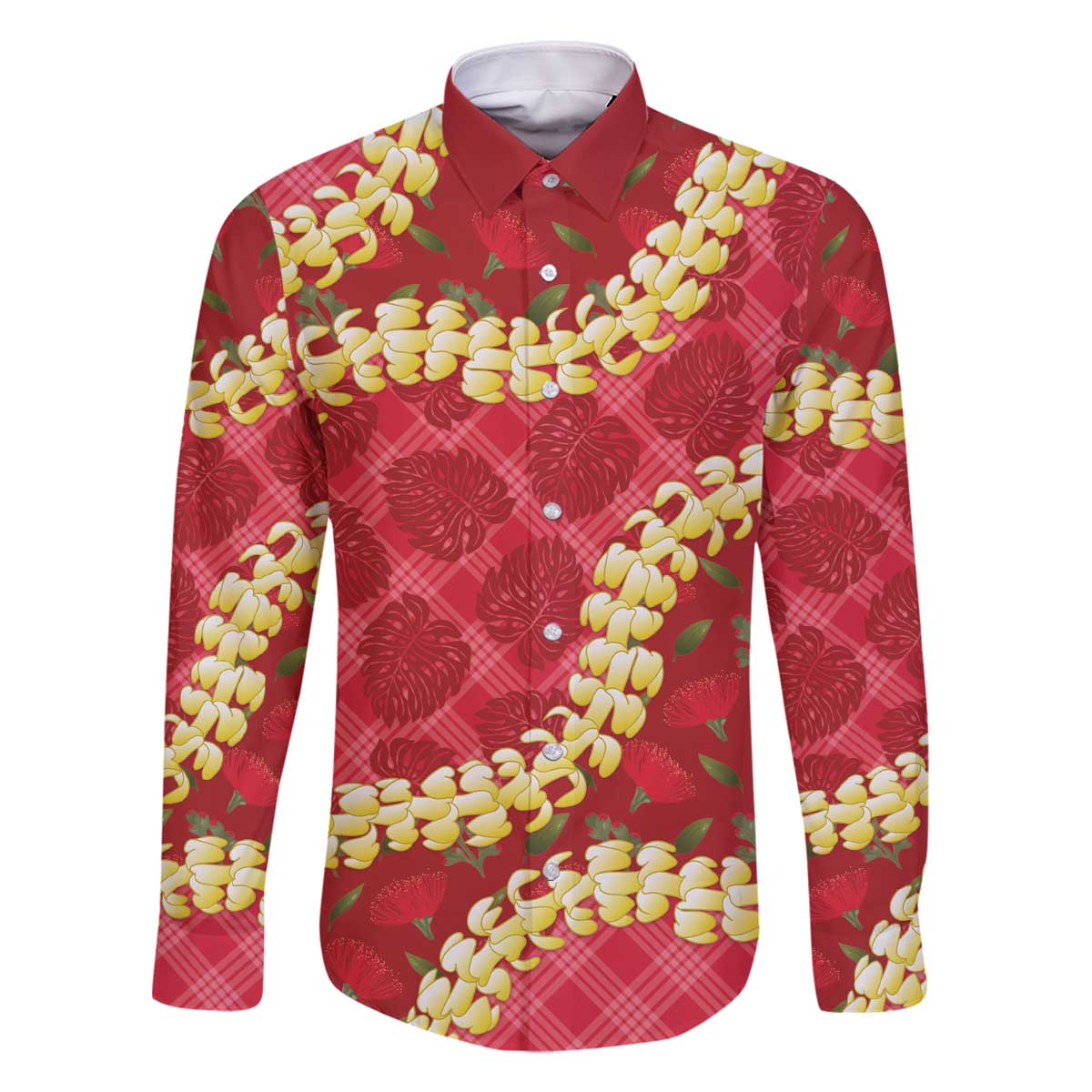Red Palaka Hawaii Mele Kalikimaka Family Matching Off The Shoulder Long Sleeve Dress and Hawaiian Shirt Ohia Lehua Monstera Puakenikeni Lei - Polynesian Pride
