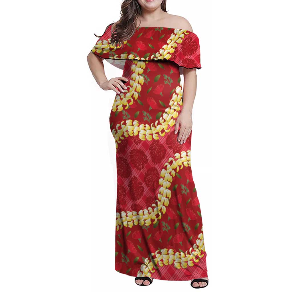 Red Palaka Hawaii Mele Kalikimaka Family Matching Off Shoulder Maxi Dress and Hawaiian Shirt Ohia Lehua Monstera Puakenikeni Lei - Polynesian Pride