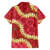 Red Palaka Hawaii Mele Kalikimaka Family Matching Off Shoulder Short Dress and Hawaiian Shirt Ohia Lehua Monstera Puakenikeni Lei - Polynesian Pride