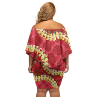 Red Palaka Hawaii Mele Kalikimaka Family Matching Off Shoulder Short Dress and Hawaiian Shirt Ohia Lehua Monstera Puakenikeni Lei - Polynesian Pride