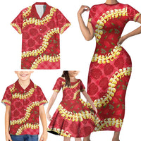 Red Palaka Hawaii Mele Kalikimaka Family Matching Short Sleeve Bodycon Dress and Hawaiian Shirt Ohia Lehua Monstera Puakenikeni Lei - Polynesian Pride
