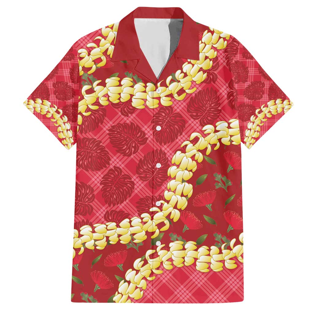 Red Palaka Hawaii Mele Kalikimaka Family Matching Short Sleeve Bodycon Dress and Hawaiian Shirt Ohia Lehua Monstera Puakenikeni Lei - Polynesian Pride