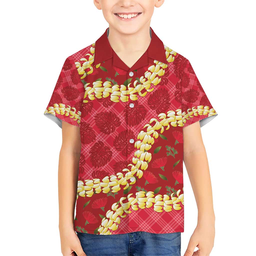 Red Palaka Hawaii Mele Kalikimaka Family Matching Short Sleeve Bodycon Dress and Hawaiian Shirt Ohia Lehua Monstera Puakenikeni Lei - Polynesian Pride